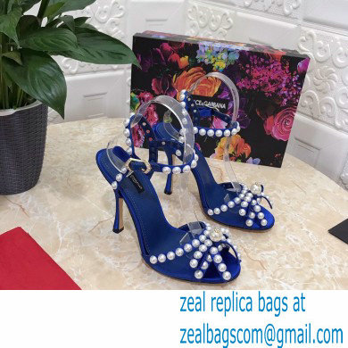 Dolce  &  Gabbana Heel 10.5cm Satin Sandals Blue with Pearl Application 2021